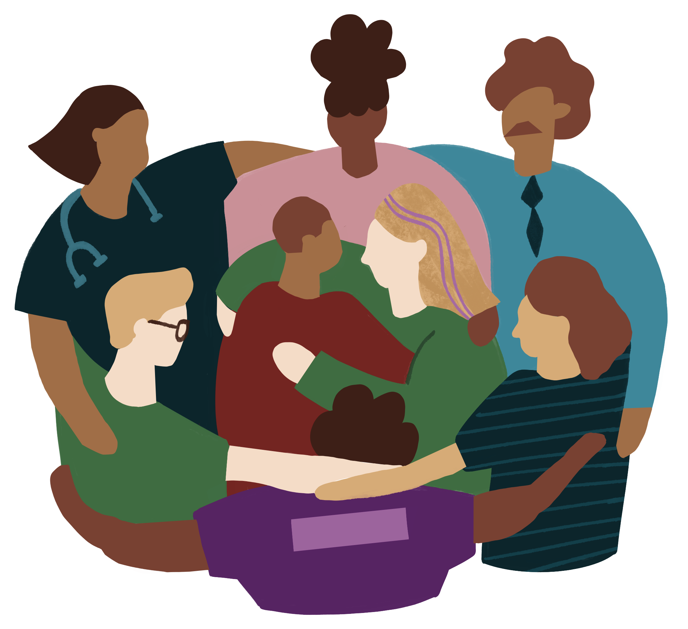 Eight diverse figures in a supportive group hug. They display unity and warmth.