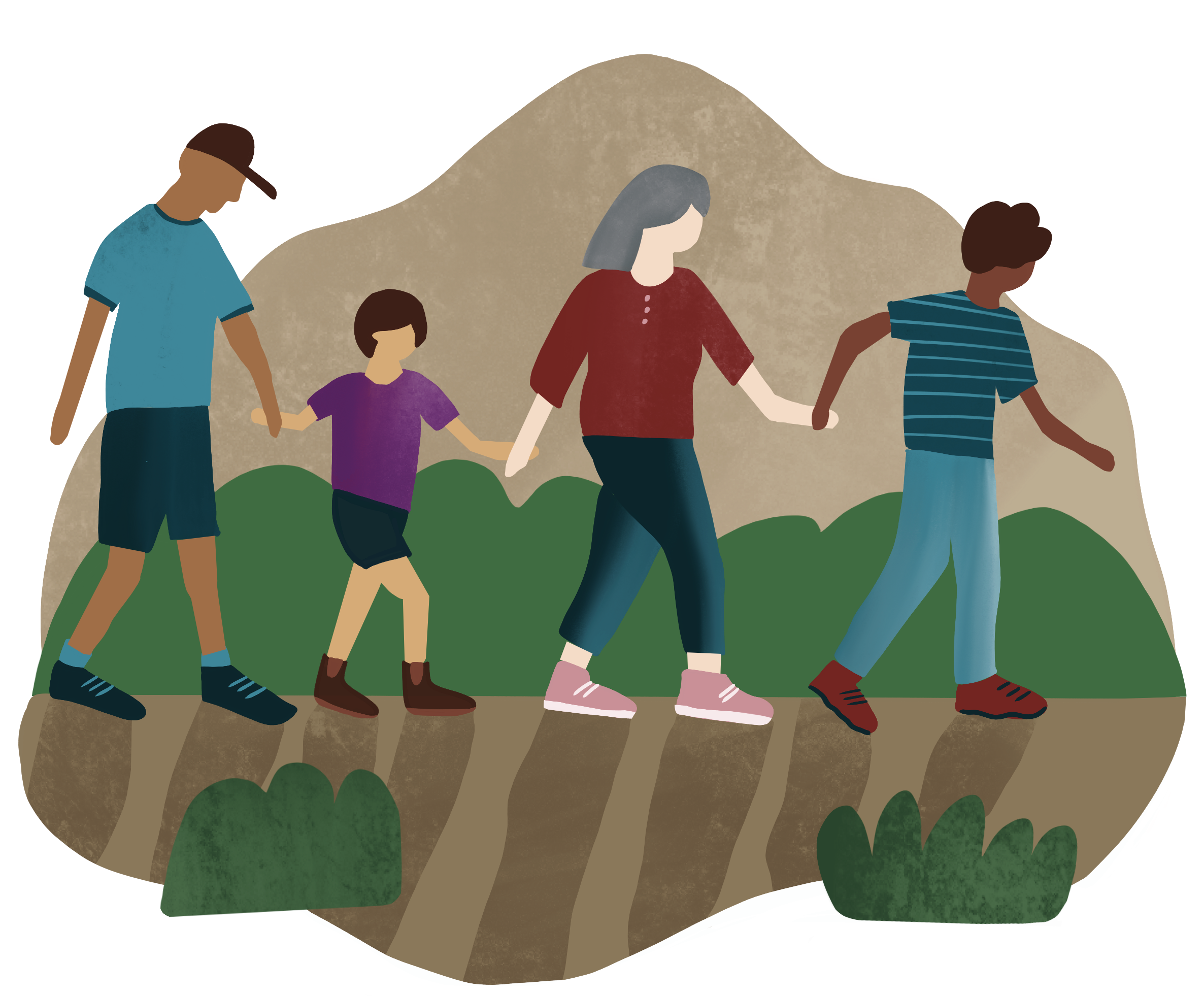 A diverse family of four holding hands, hiking on a dirt path surrounded by greenery. The scene conveys unity and adventure.