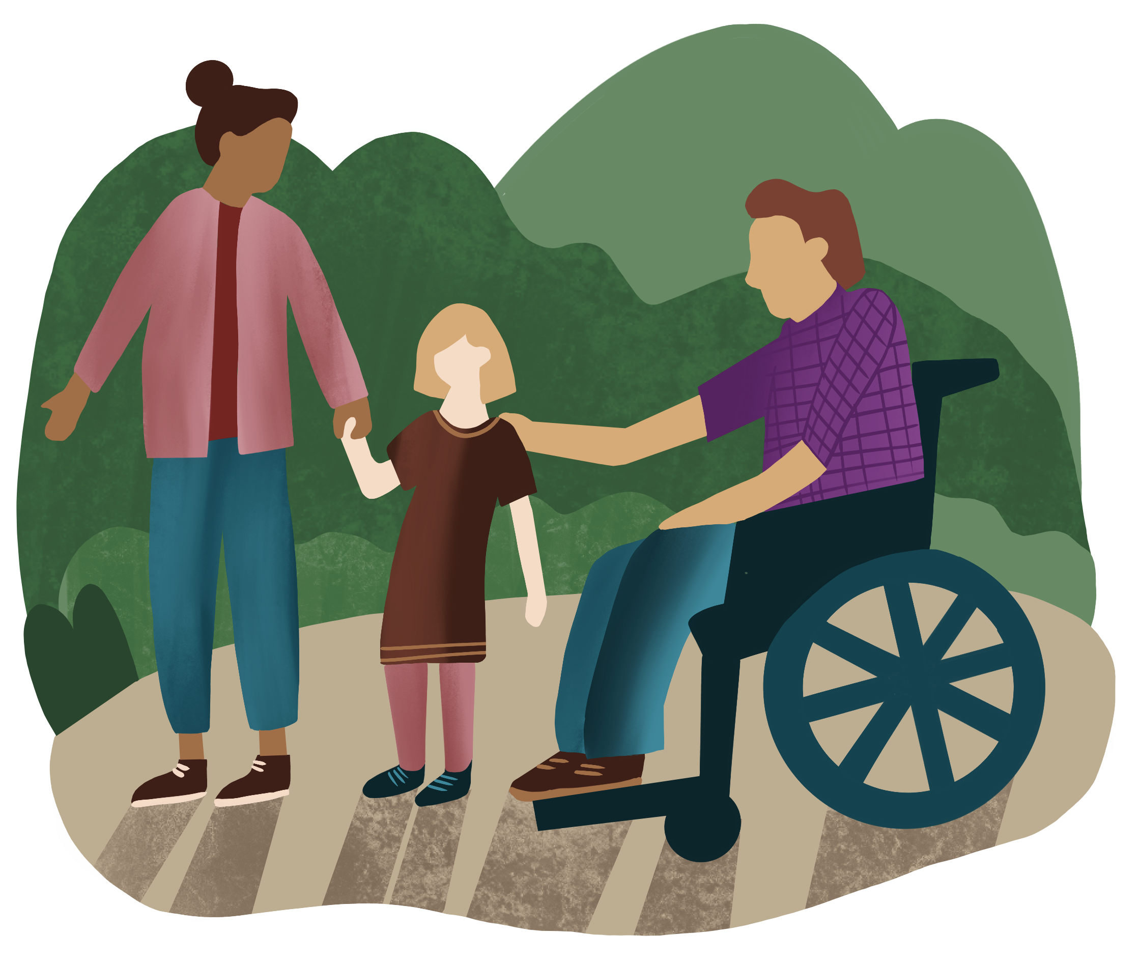 Three people in nature. A woman and a child hold hands, while a man in a wheelchair touches the child's shoulder, conveying warmth and unity.